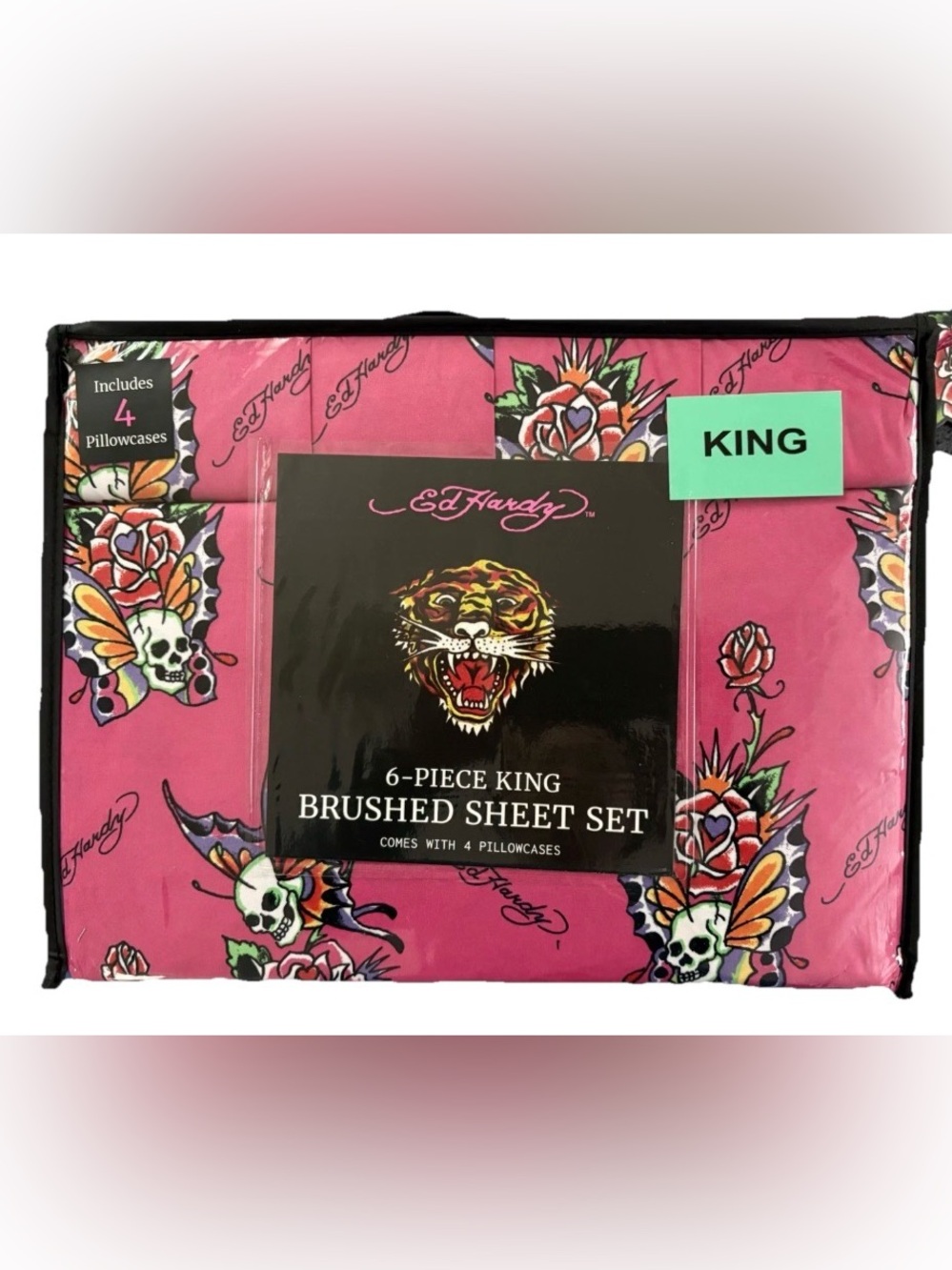 Ed Hardy Skull Butterflies & Roses Print 6pc Pink King Sheet Set w/4 Pillowcases